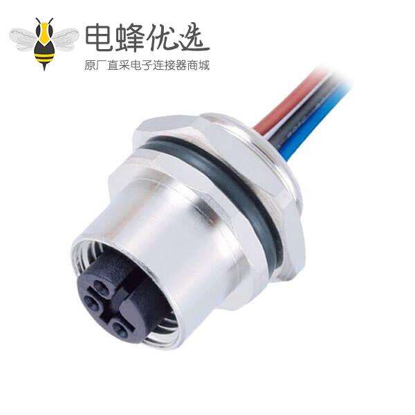 M12接头母4pin A-型板端后锁焊接带线型传感连接器