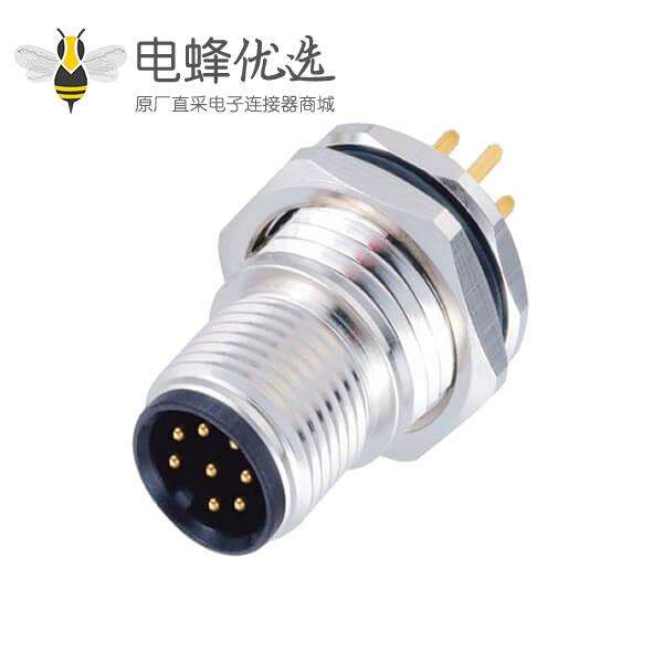 M12连接器8p A型板端公座PCB插板式前锁工业防水传感连接器