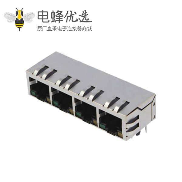 带弹片RJ45连接器4口单层屏蔽带灯