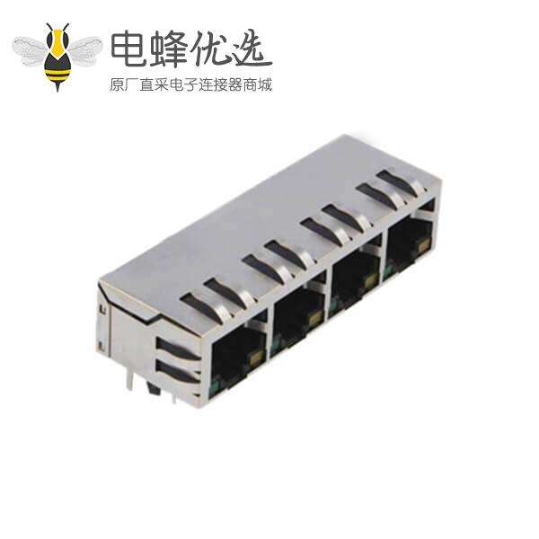 带弹片RJ45连接器4口单层屏蔽带灯