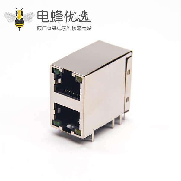 rj45双层8p8c弯式双端口带屏蔽带灯插PCB板