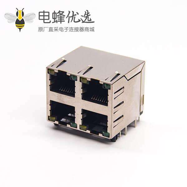 2x2 rj45封装弯式90度插PCB板带灯带弹片带屏蔽式座子