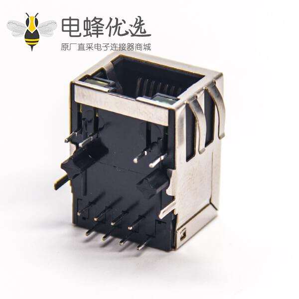 rj45母座带灯带屏蔽外壳弯式90度带弹片穿孔接PCB板