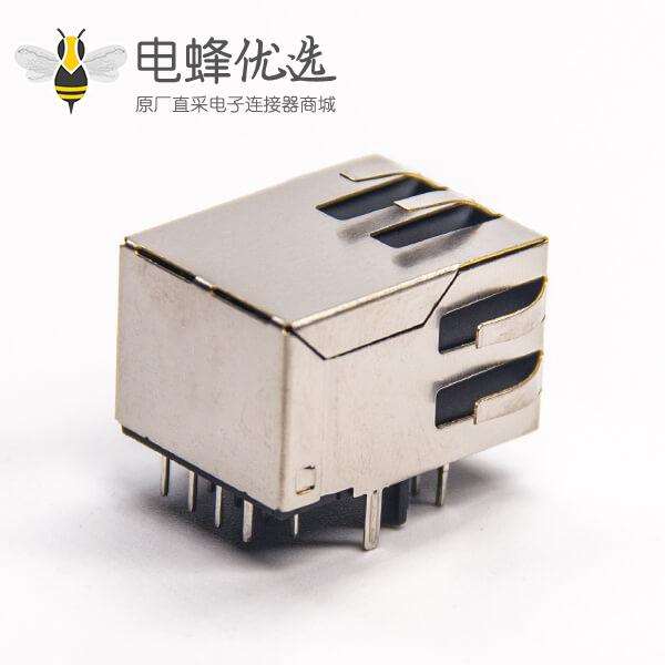 rj45母座带灯带屏蔽外壳弯式90度带弹片穿孔接PCB板