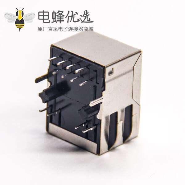 rj45母座带灯带屏蔽外壳弯式90度带弹片穿孔接PCB板