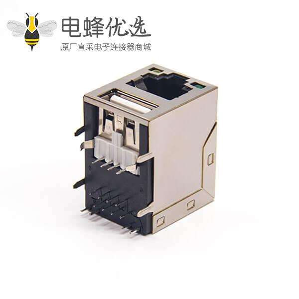 usb2.0 rj45带灯屏蔽式连接器双层加USB2.0连接器90度