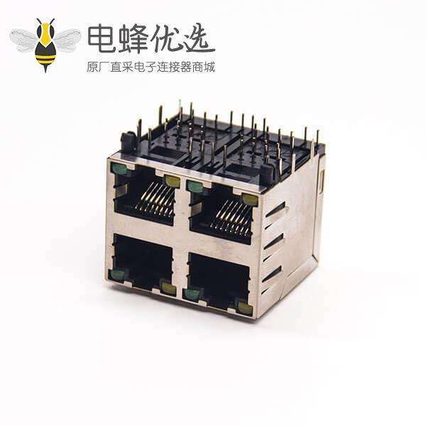 2x2 rj45封装弯式90度插PCB板带灯带弹片带屏蔽式座子