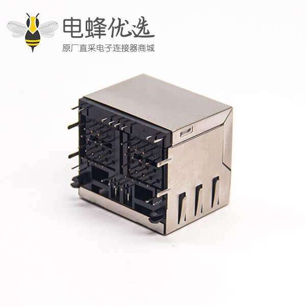 2x2 rj45封装弯式90度插PCB板带灯带弹片带屏蔽式座子