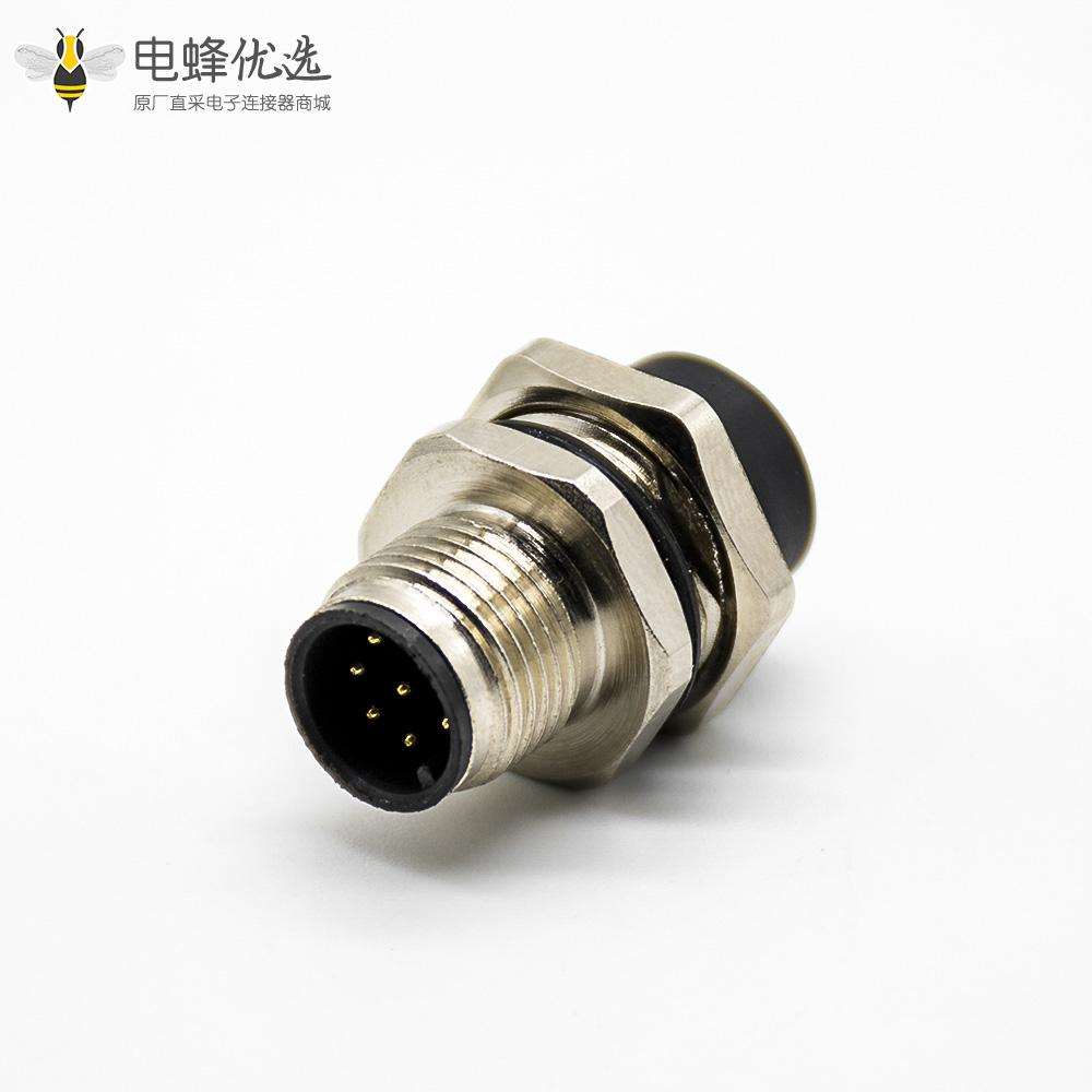 插座8芯后锁板A扣直式公头接PCB板防水M12传感器连接器