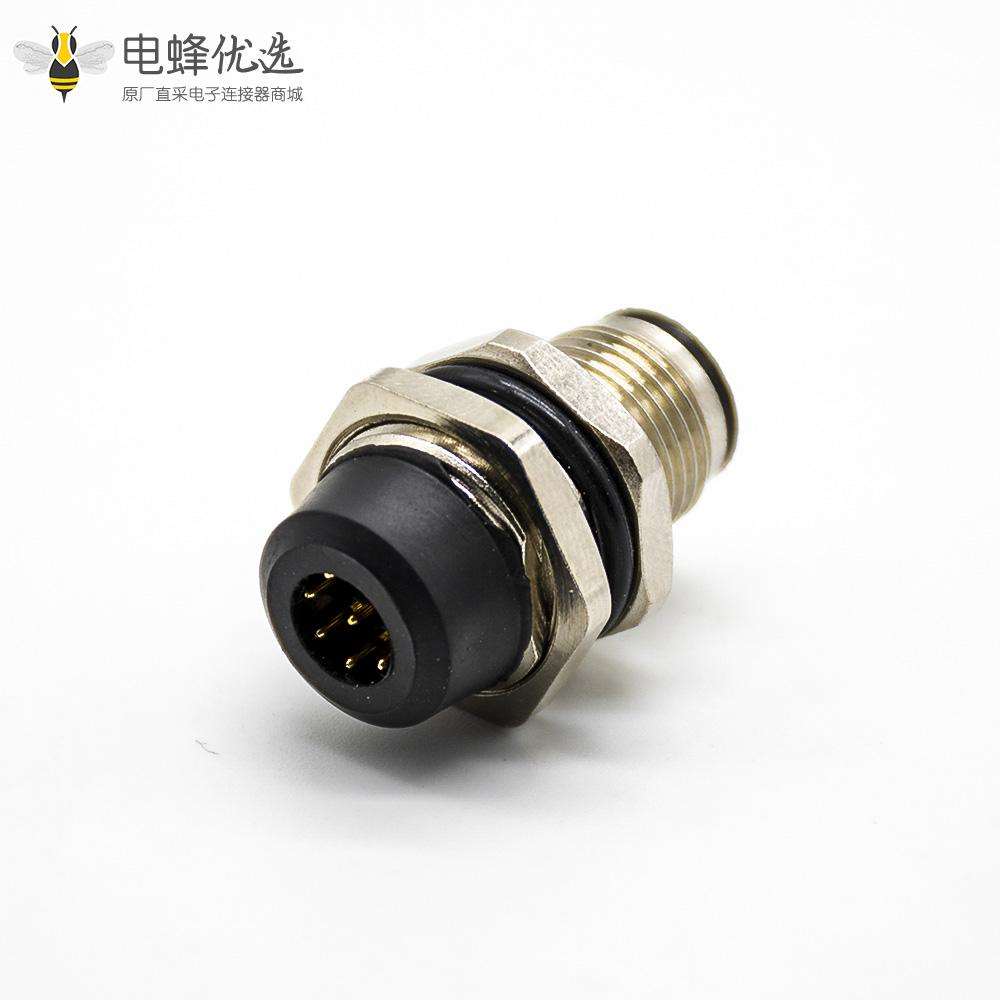 插座8芯后锁板A扣直式公头接PCB板防水M12传感器连接器