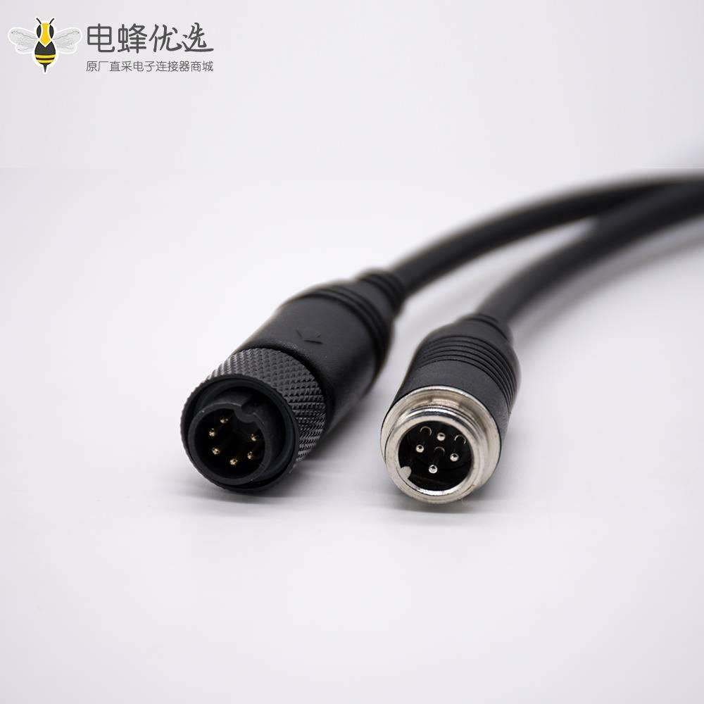 圆形MINI DIN连接器直式6芯公头转GX12 4芯公头卡扣式黑色注塑线0.3M 24AWG PVC