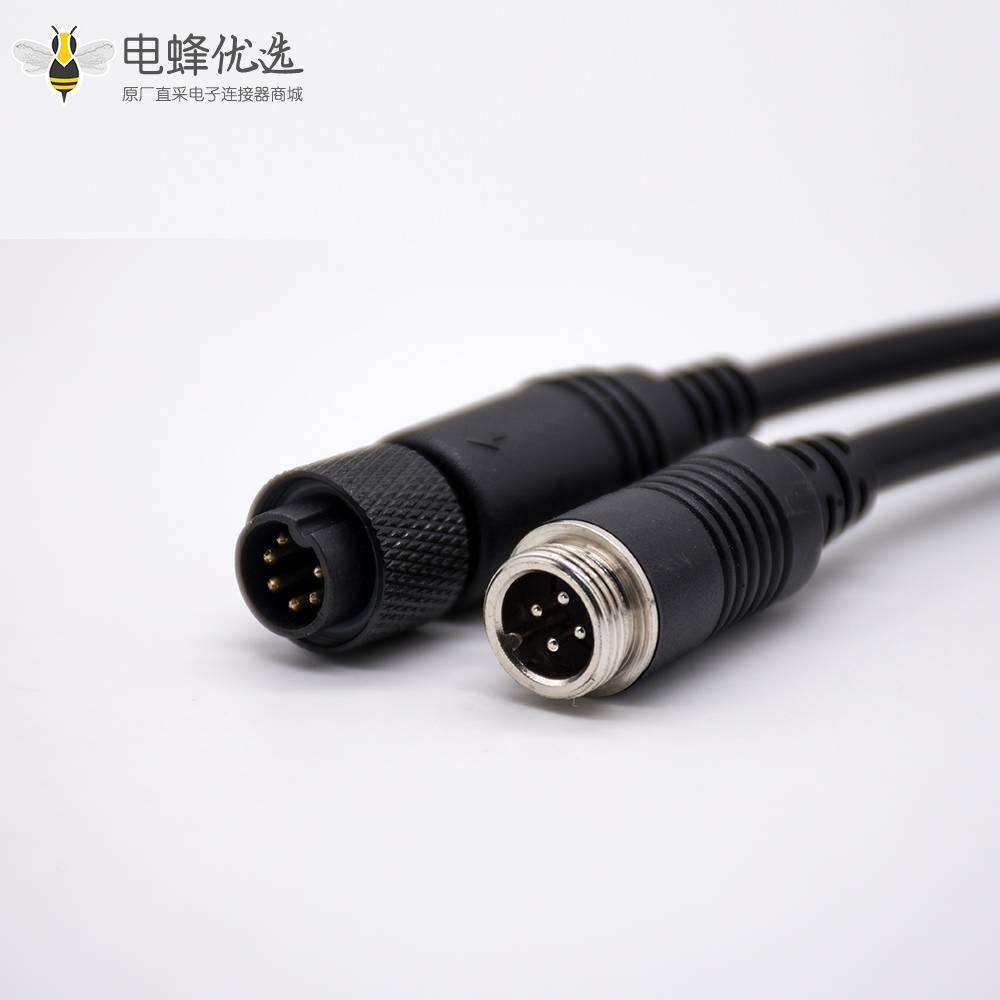 圆形MINI DIN连接器直式6芯公头转GX12 4芯公头卡扣式黑色注塑线0.3M 24AWG PVC