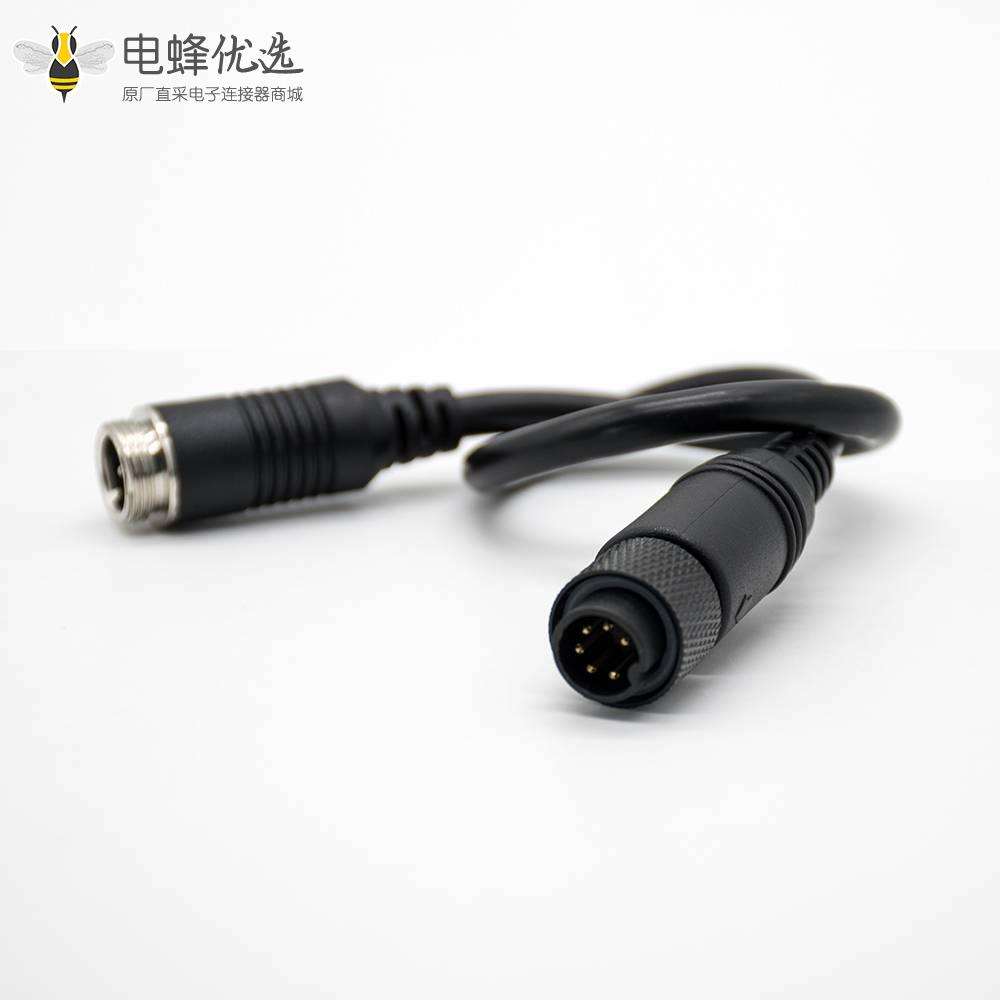 圆形MINI DIN连接器直式6芯公头转GX12 4芯公头卡扣式黑色注塑线0.3M 24AWG PVC