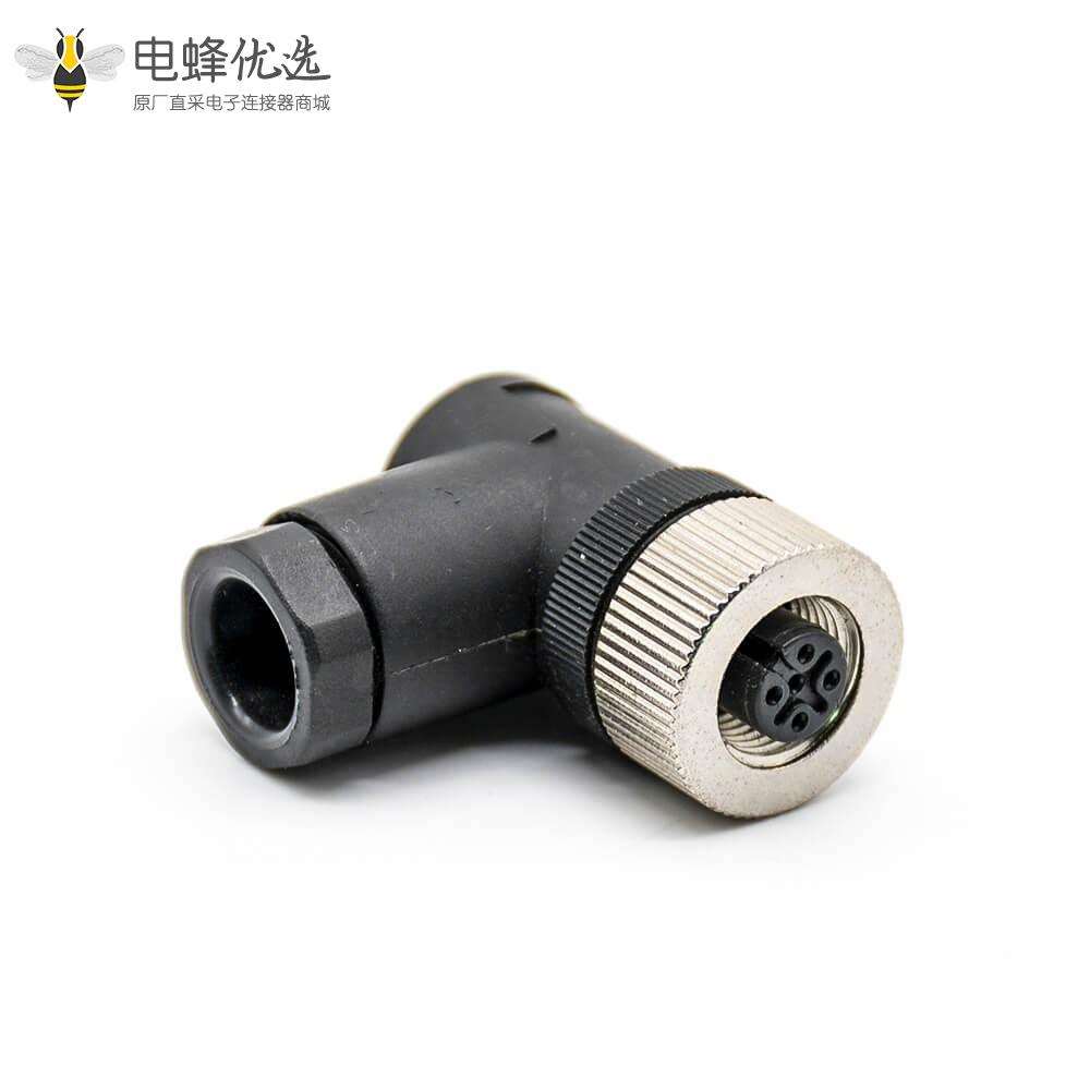 m12连接器母头4芯90度螺丝锁连接器不带屏蔽