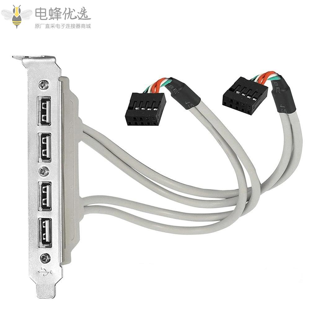 IDC_10P母头转4端口USB_A型母头插槽板面板接头支架适配器线后部延长线接30厘米线缆