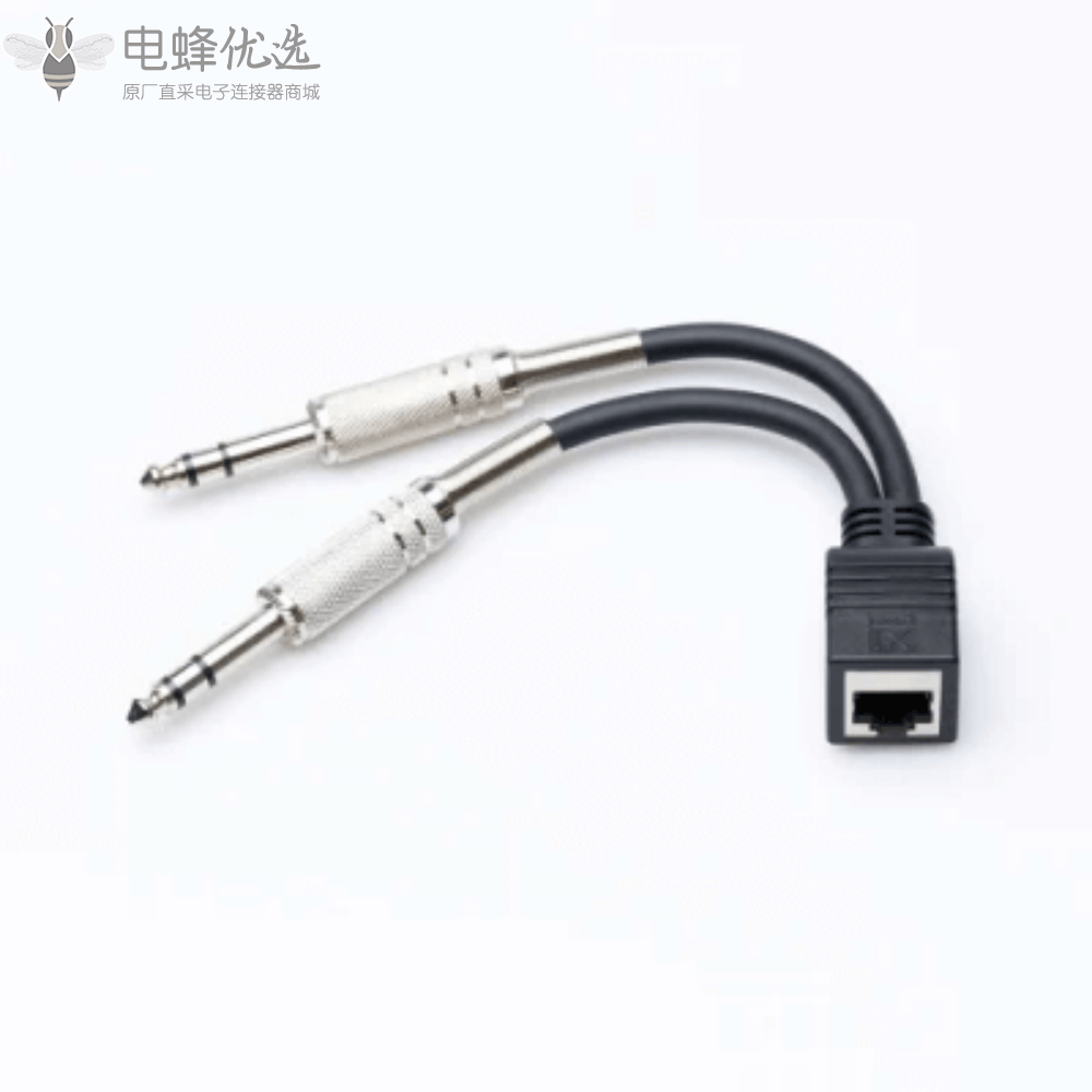 RJ45母头转两个3.5mm公头立体声多媒体线材转接头0.1m