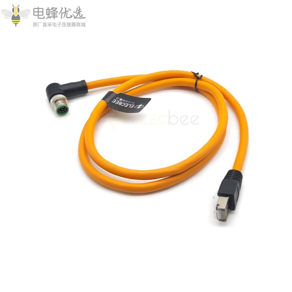 M12转RJ45网线Cat6千兆高柔双屏蔽M12_8芯A扣公弯头转RJ45公头橙色双绞线