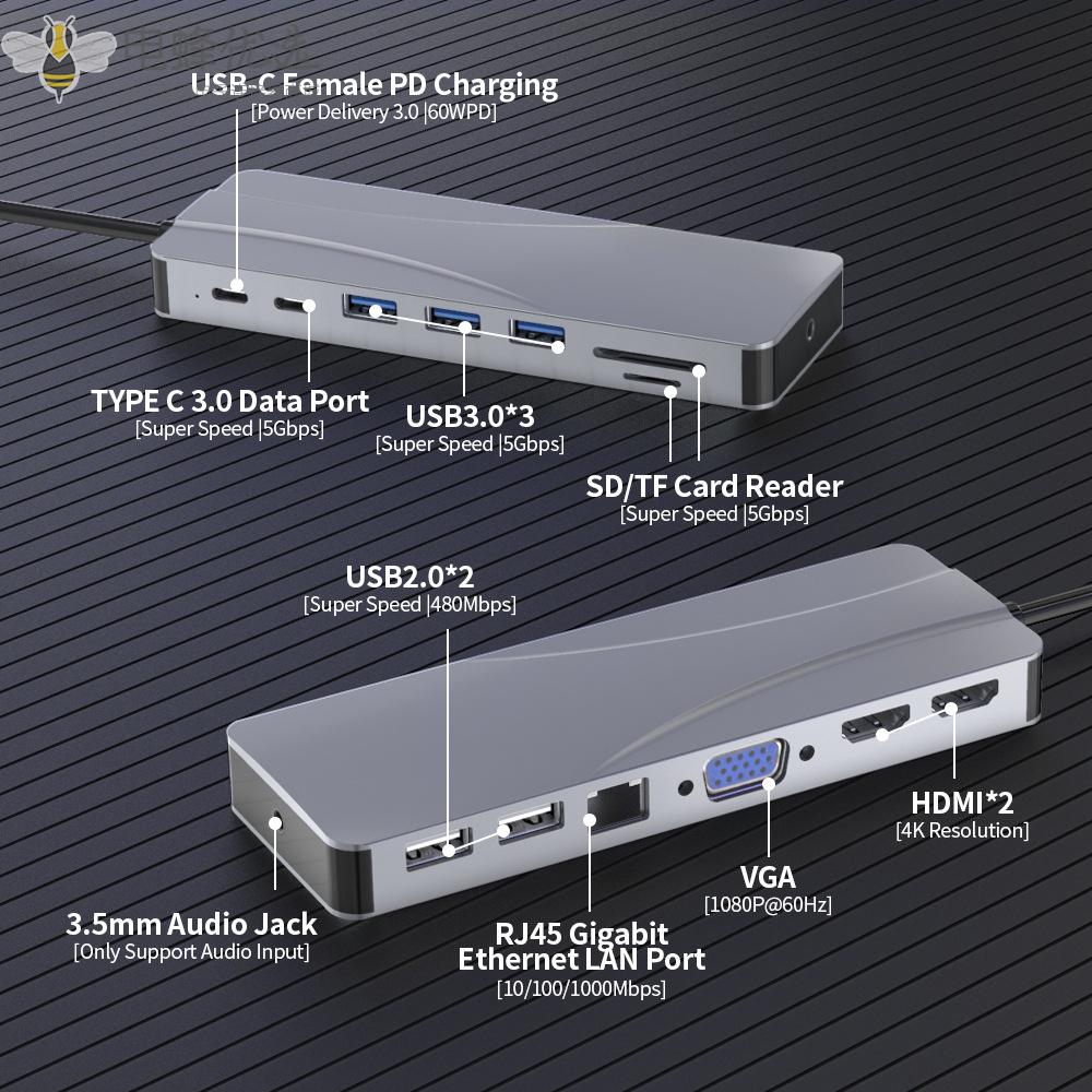 Rocketek/type_c拓扩展坞60W_PD+多媒体接口+VGA_USB_C_HUB扩展器