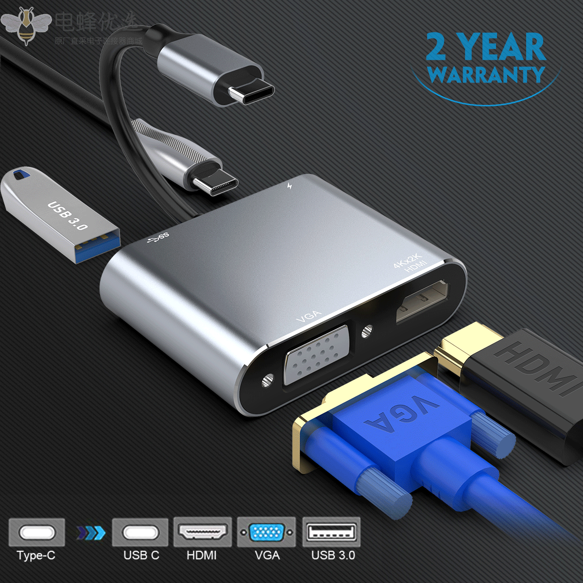 Type_C扩展坞USB_C转HDMI/VGA/USB3.0/PD充电适用switch转换器