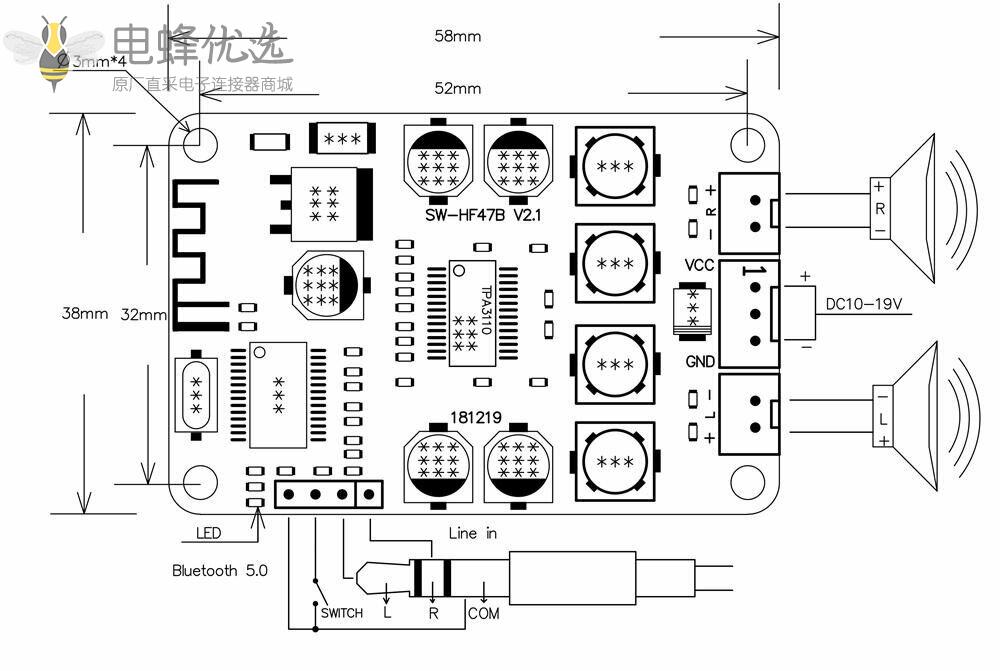 TPA3110_DC_10V_25V_2x15W双通道无线蓝牙音频功率放大器板适用于4/6/8/10欧姆扬声器