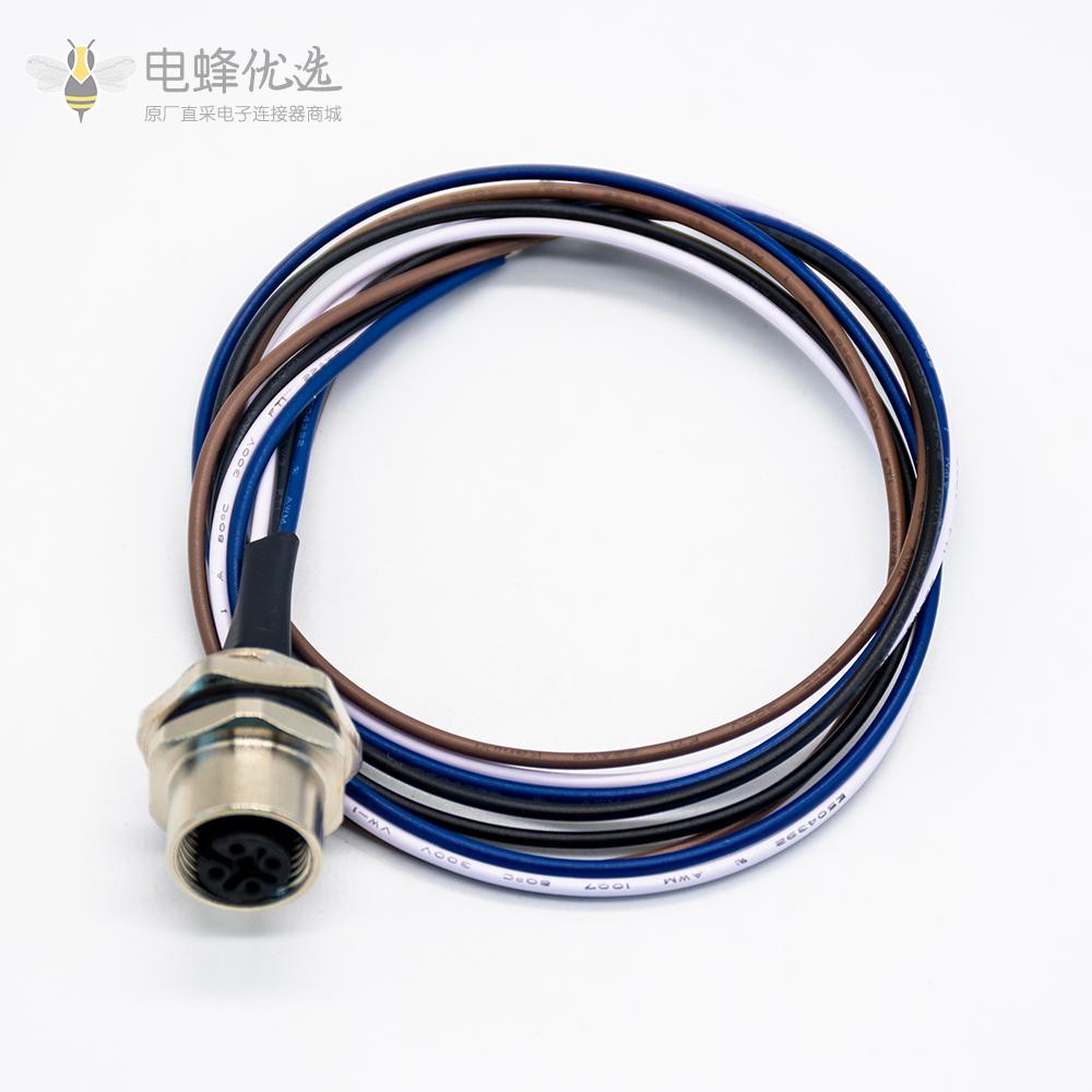 M12接头母4pin A-型板端后锁焊接带线型传感连接器