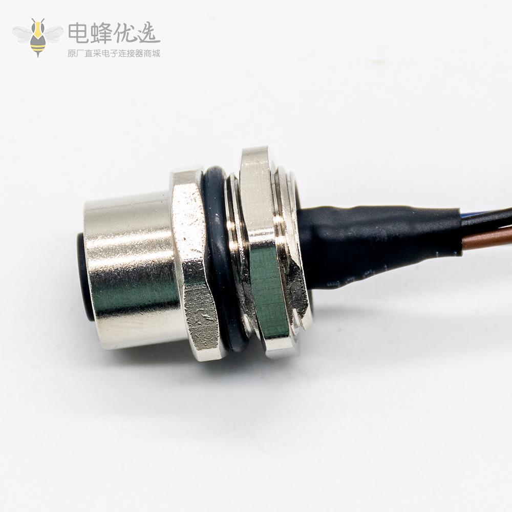 M12接头母4pin A-型板端后锁焊接带线型传感连接器